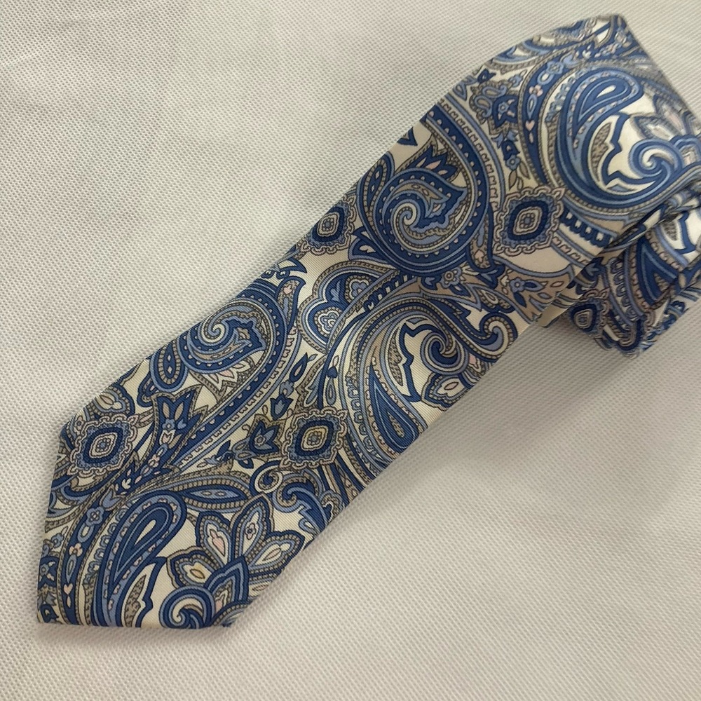 x'Andrini Mens 100% Silk Tie Gray Blue Paisley Handmade Italy 56 x 3.25